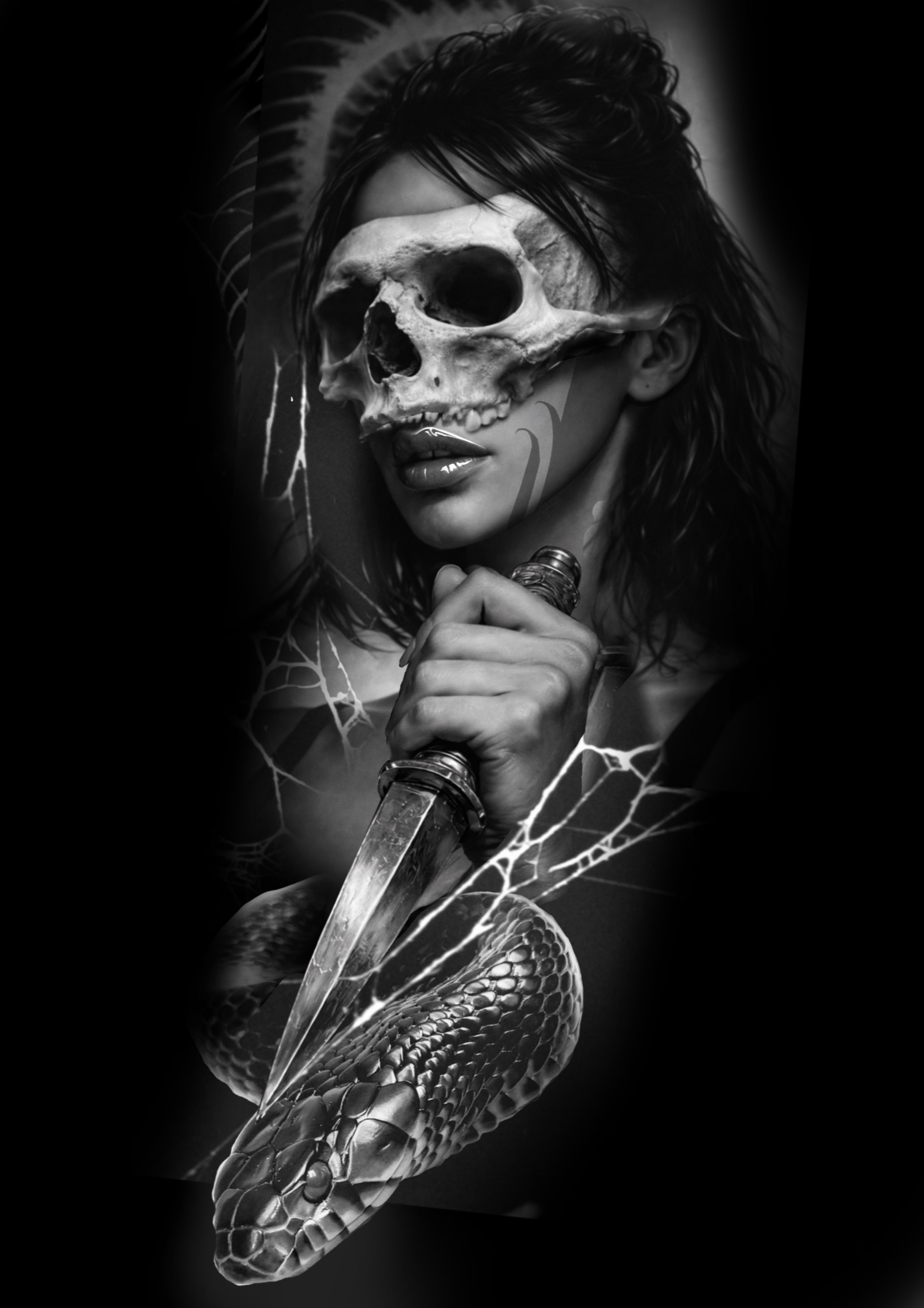 Dark realism knife and snake design concept.
