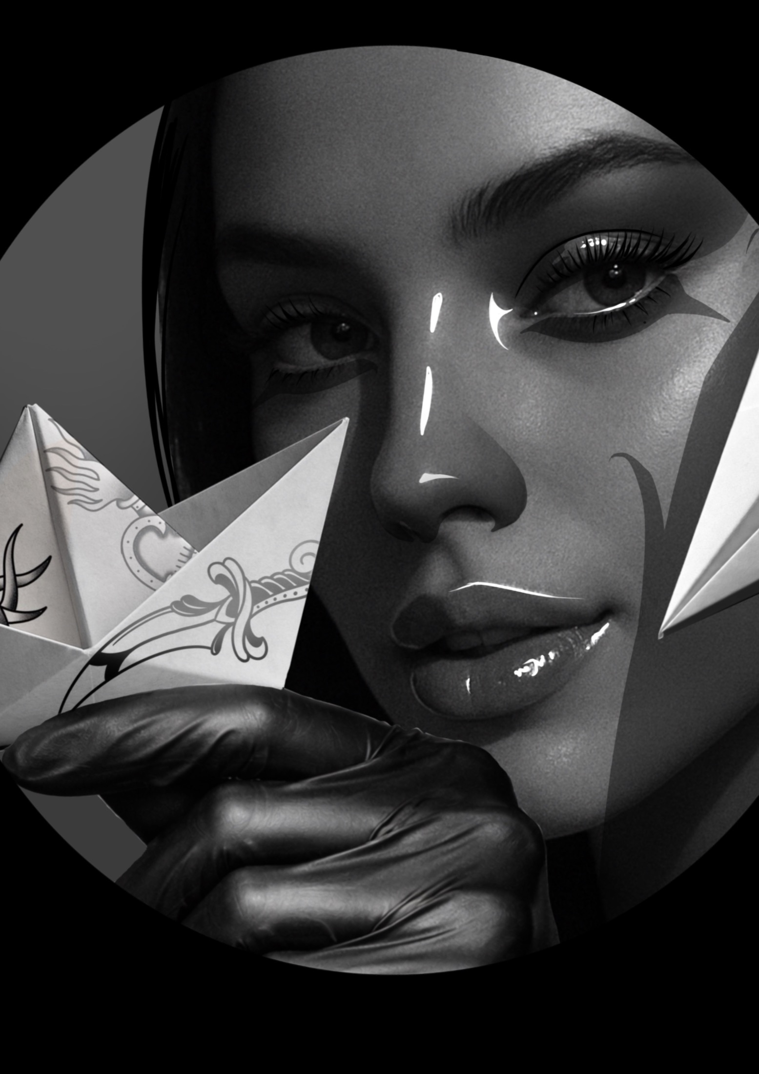 Dark realism paper plane portrait design concept.