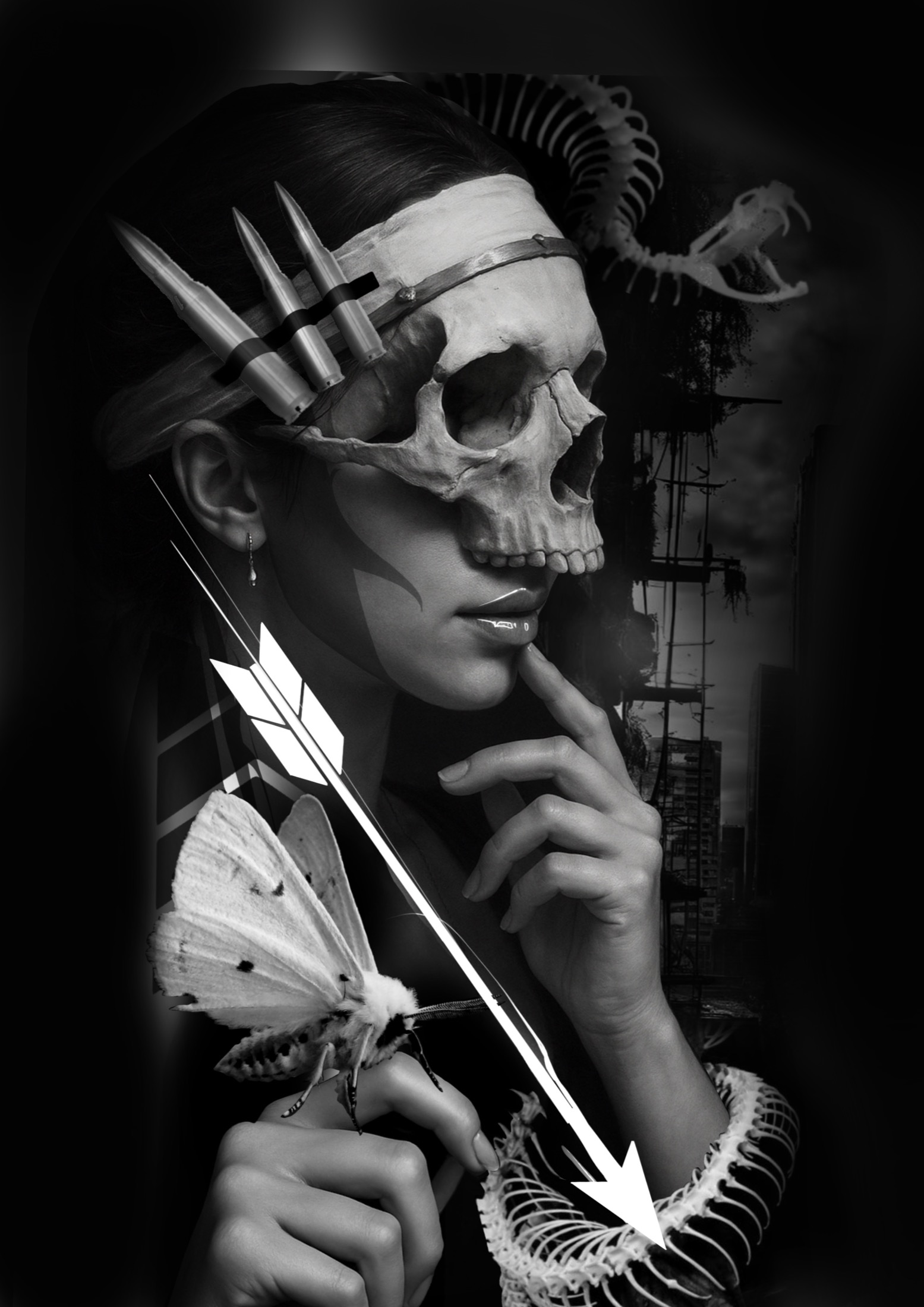 Dark realism skull and moth design concept.