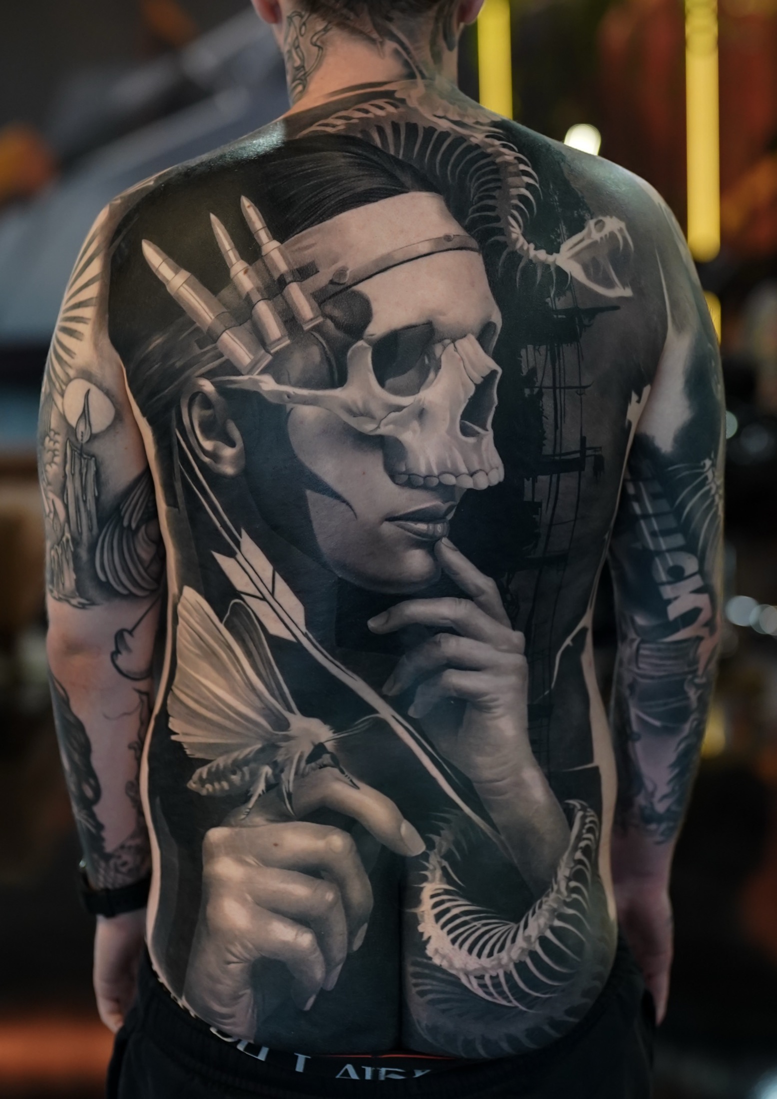 Finished dark realism skull back tattoo.
