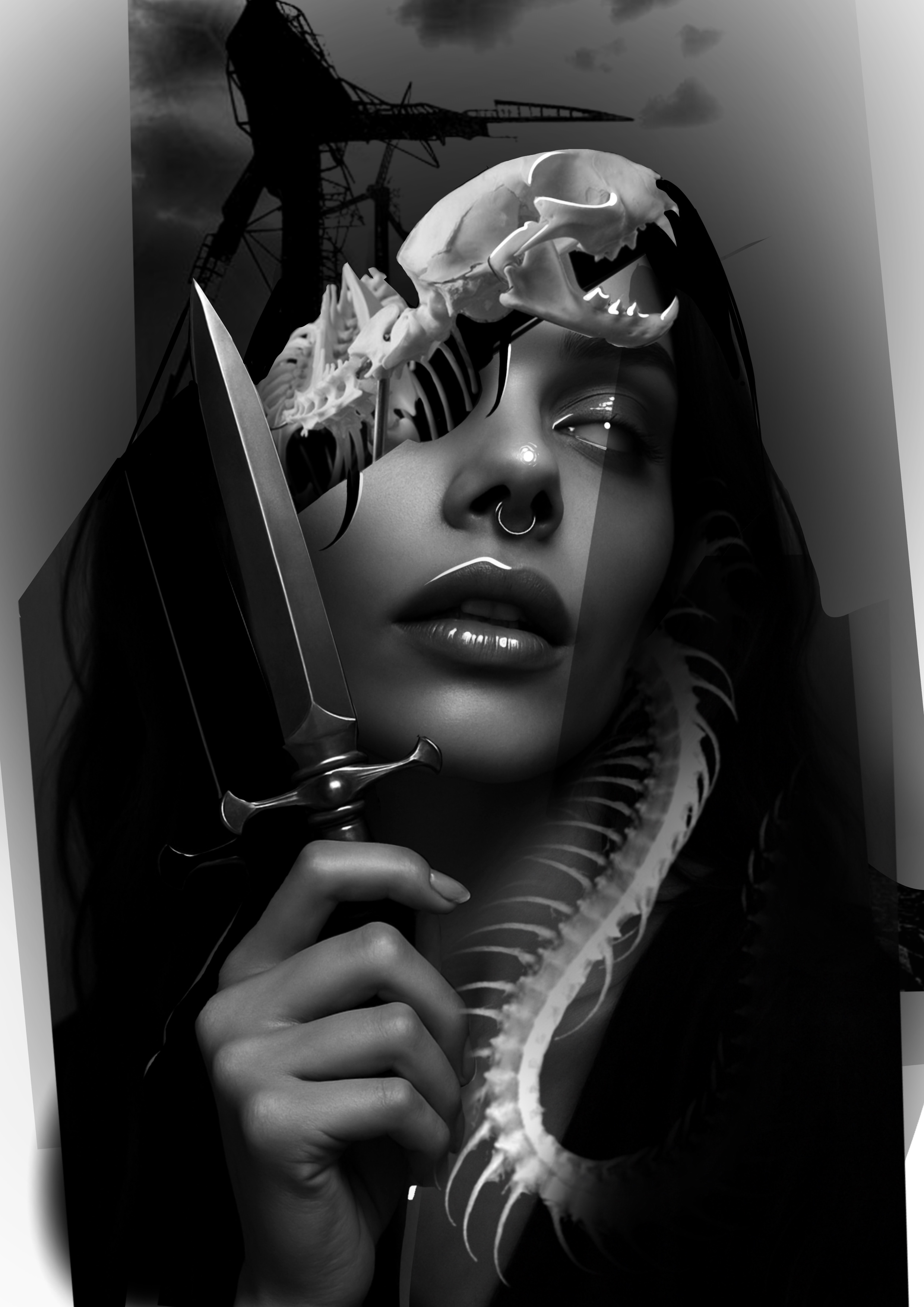 Dark portrait with knife and skeleton